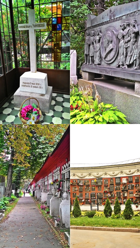 Sırasıyla: Çaykovski, Tolstoy mezarları ile bu mezarlıkta yatan ve külleri bulunan anıt mezarlar